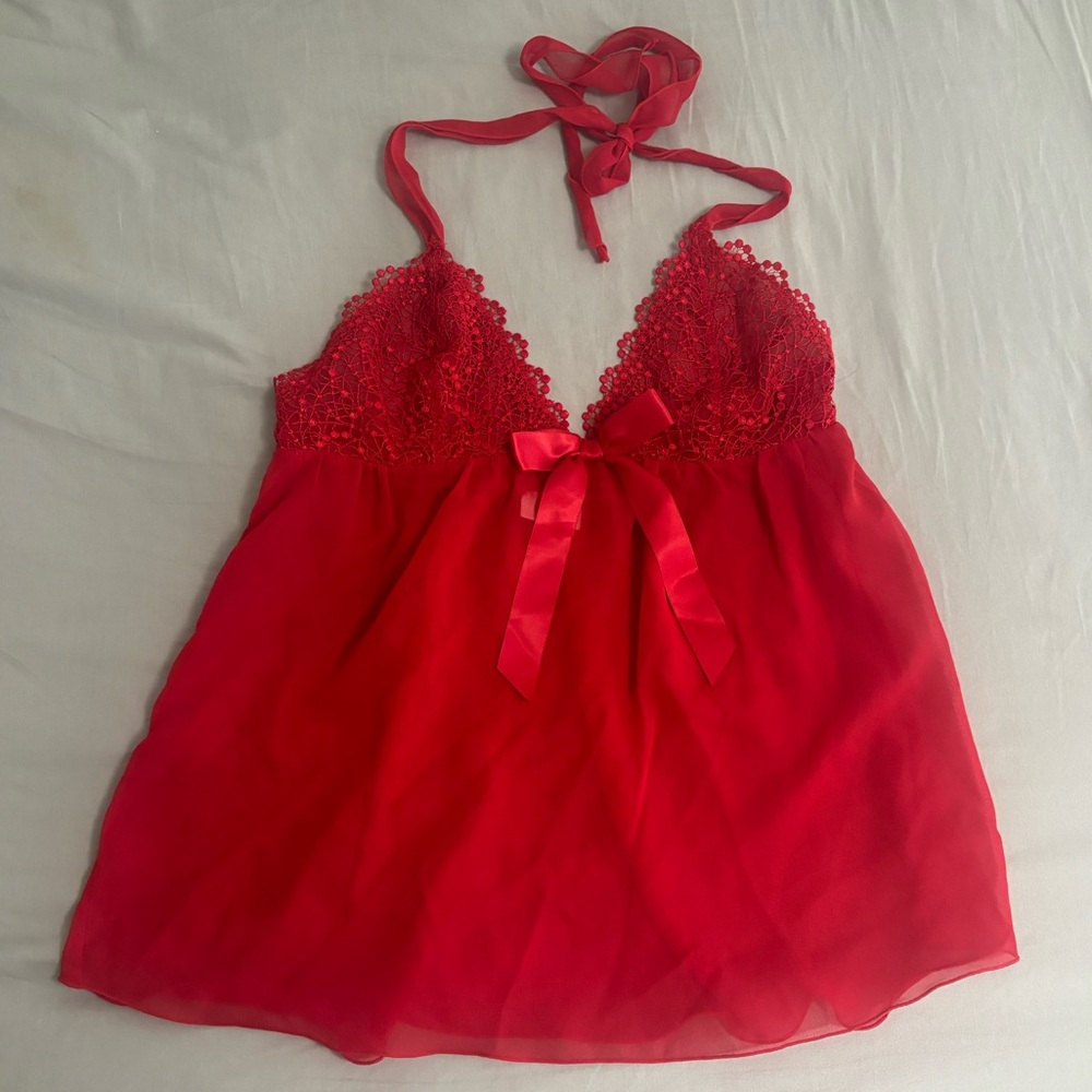 Red sheer and lace lingerie.